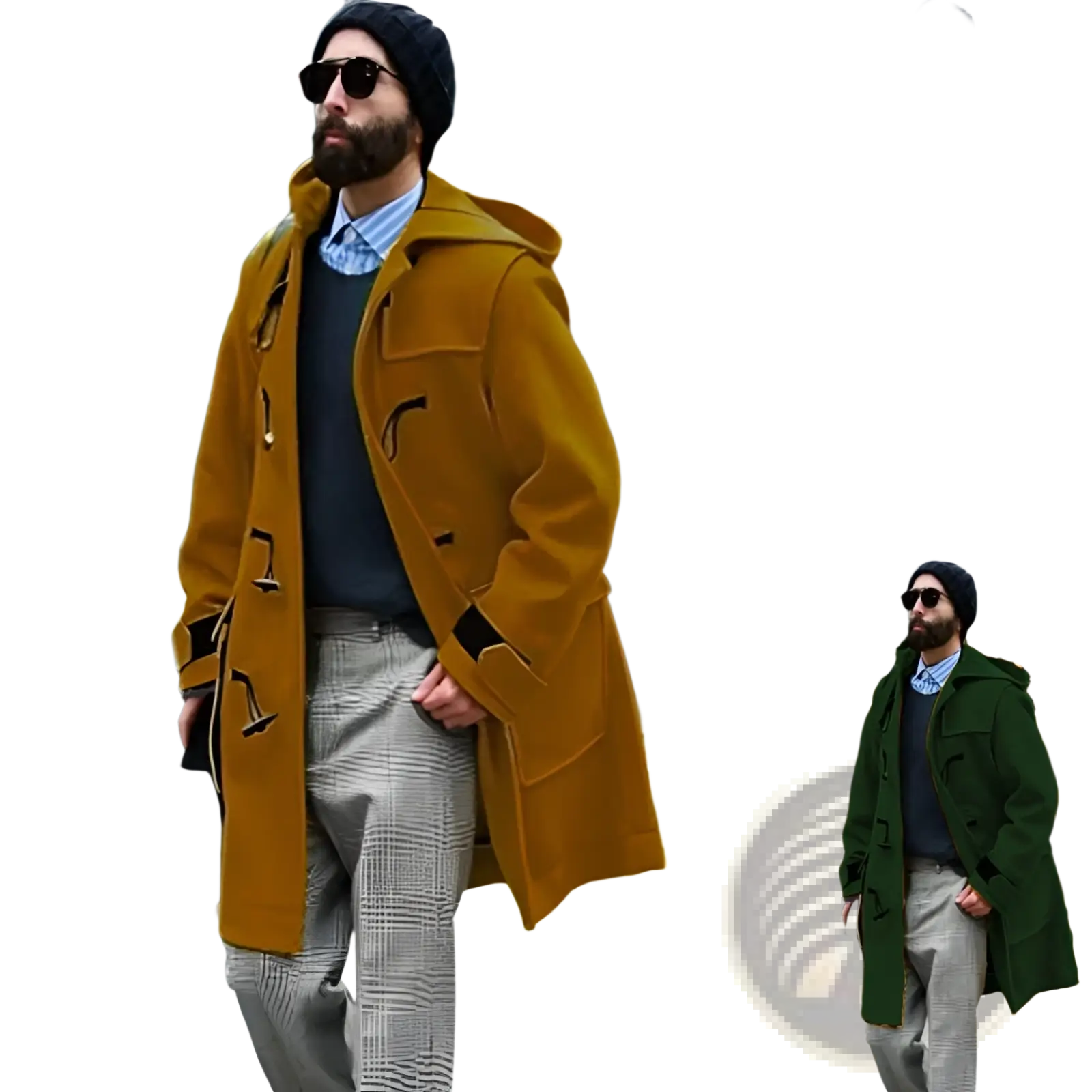 Men woolen duffle coat hooded trench jacket in mustard yellow with toggle closures made of wool
