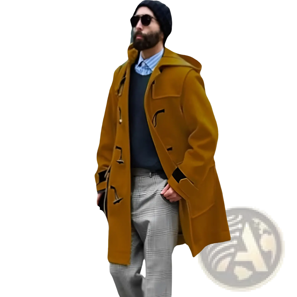 Men woolen duffle coat hooded trench jacket in mustard yellow with black toggle closures and wool material