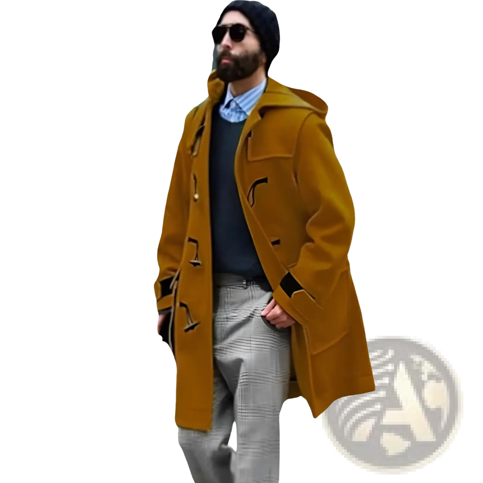 Men woolen duffle coat hooded trench jacket in mustard yellow with black toggle closures and wool material