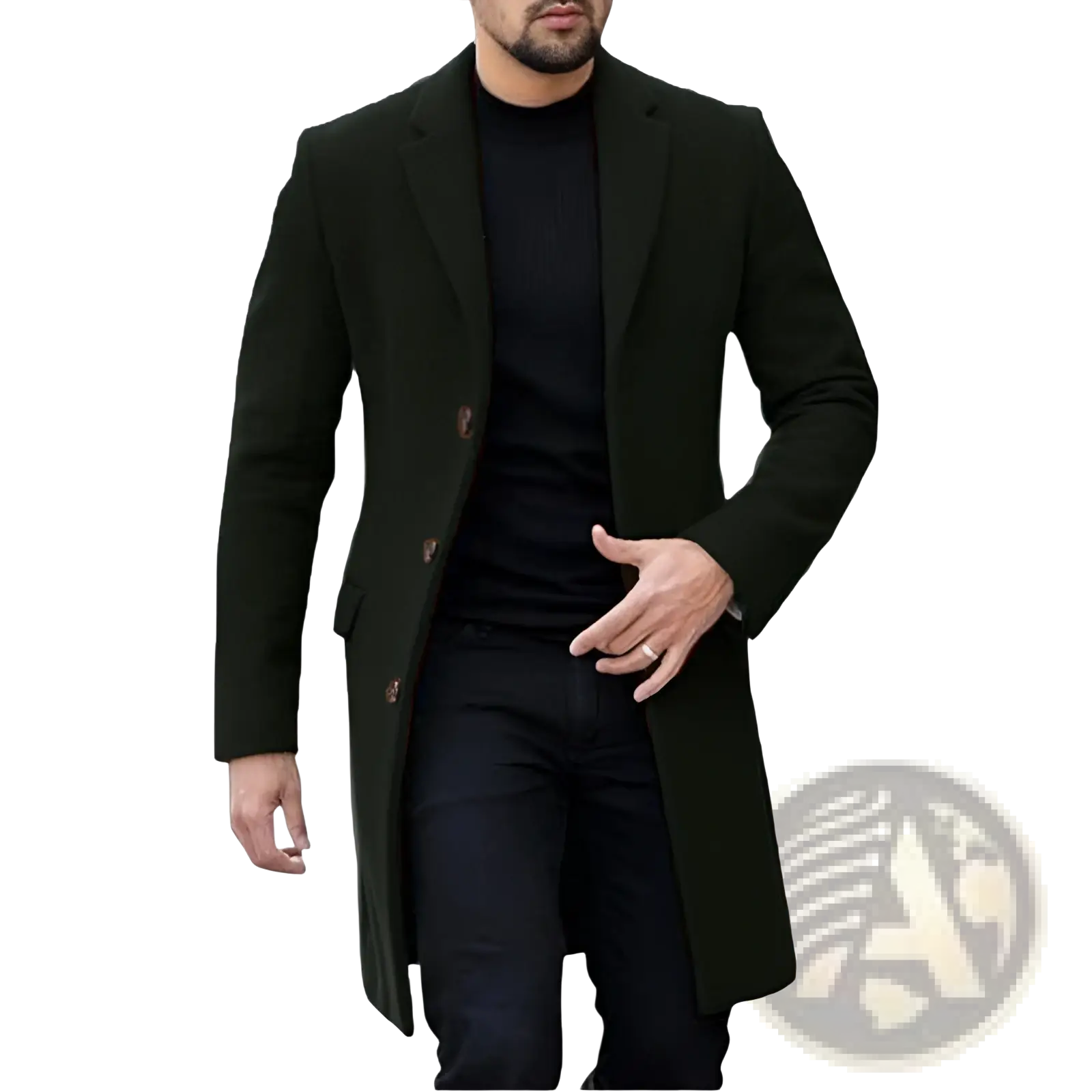 Men woolen overcoat in dark green featuring notched lapels and three front buttons for classic winter wear