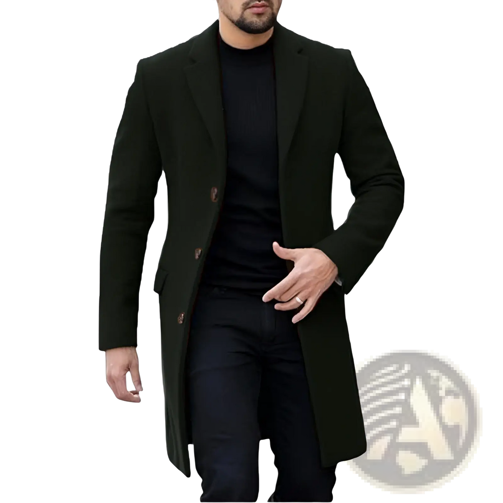 Men woolen overcoat in dark green featuring notched lapels and three front buttons for classic winter wear