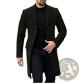 Men woolen overcoat in dark green featuring notched lapels and three front buttons for classic winter wear
