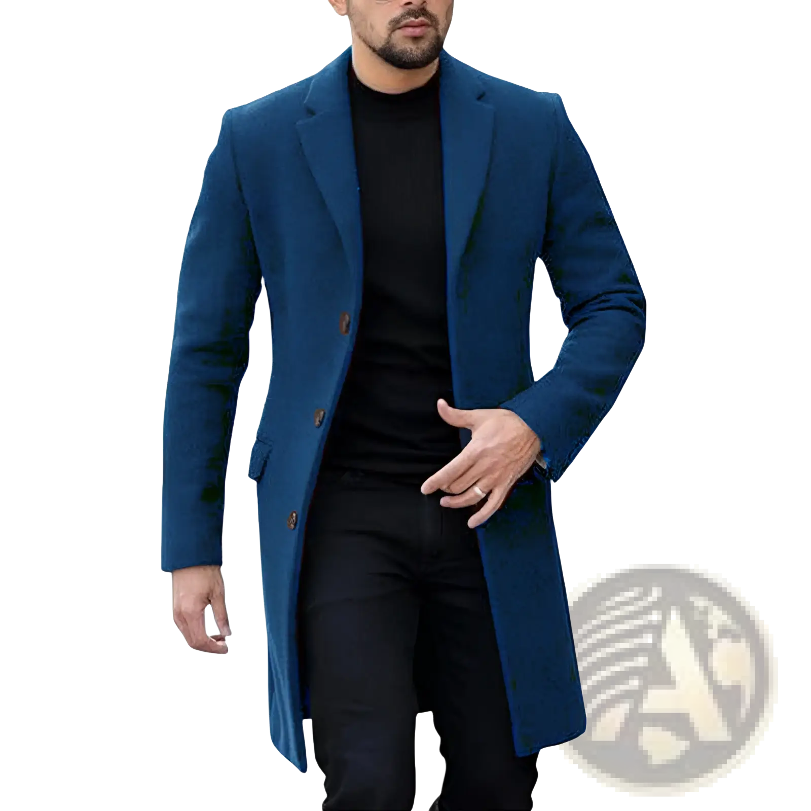 A sleek navy blue wool double-breasted overcoat with brown buttons for men winter jacket use
