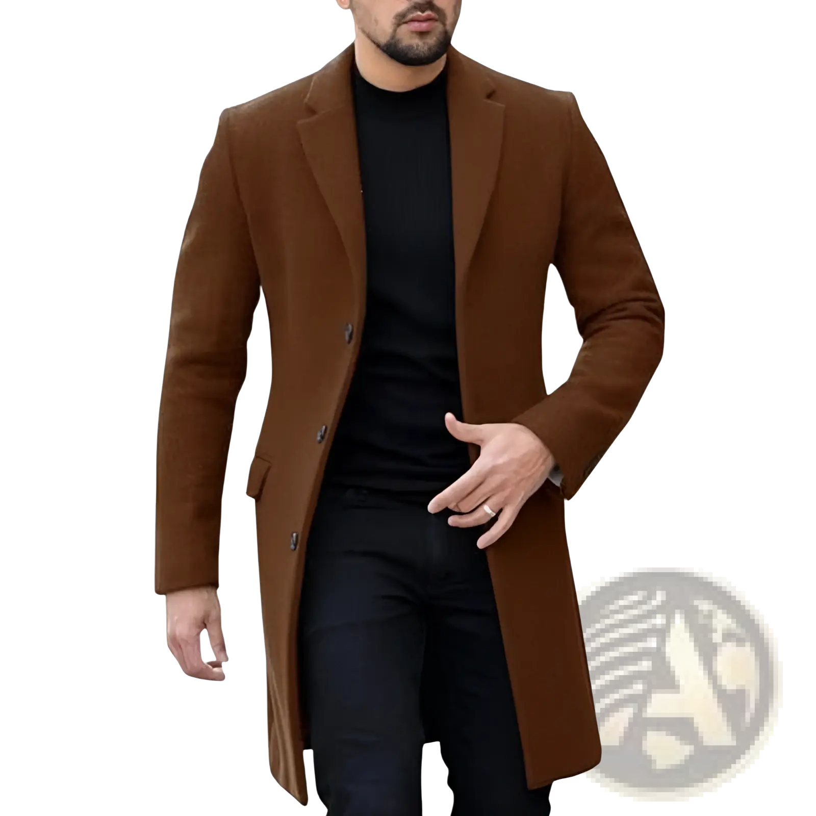 A sleek medium-length brown wool overcoat with a classic notched lapel and front button closure for men winter use