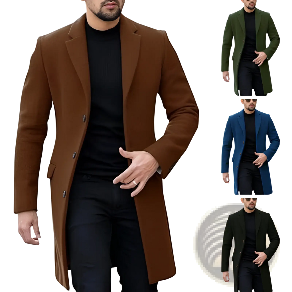 Brown woolen overcoat with classic double-breasted design and notched lapels for men winter jacket