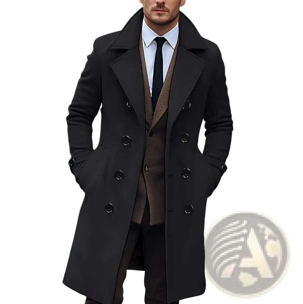 Black double-breasted woolen overcoat for men with notched lapels and dark buttons winter coat