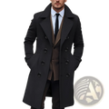 Black double-breasted woolen overcoat for men with notched lapels and dark buttons winter coat