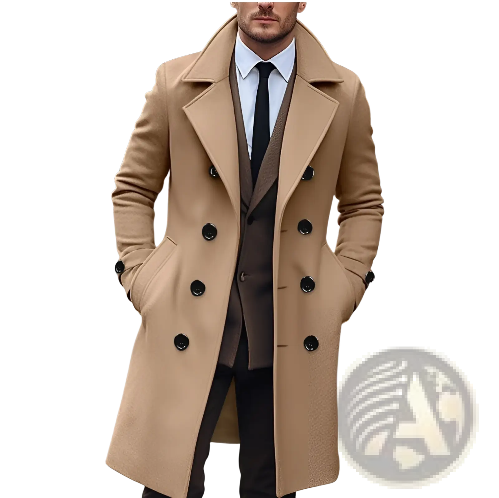 Beige double-breasted men woolen overcoat with black buttons designed for winter wear