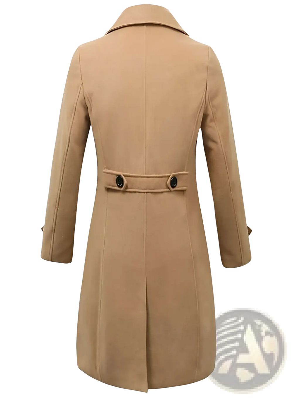 Beige woolen men’s double breasted trench coat with black buttons and belted waist for winter wear