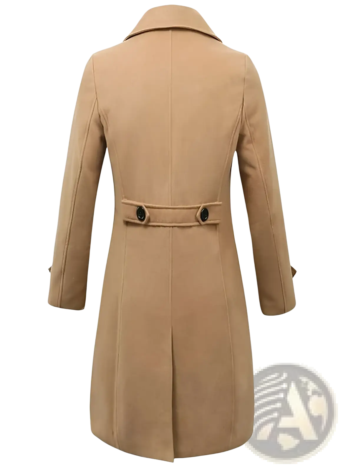 Beige woolen men’s double breasted trench coat with black buttons and belted waist for winter wear