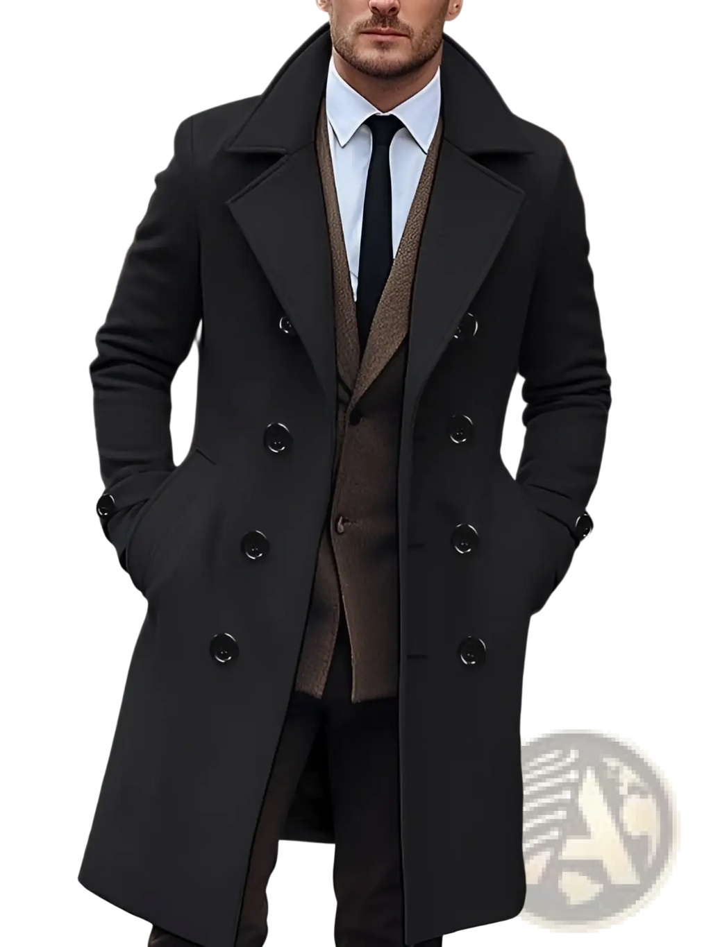 Black double-breasted woolen overcoat with notched lapels and dark buttons for men winter outerwear
