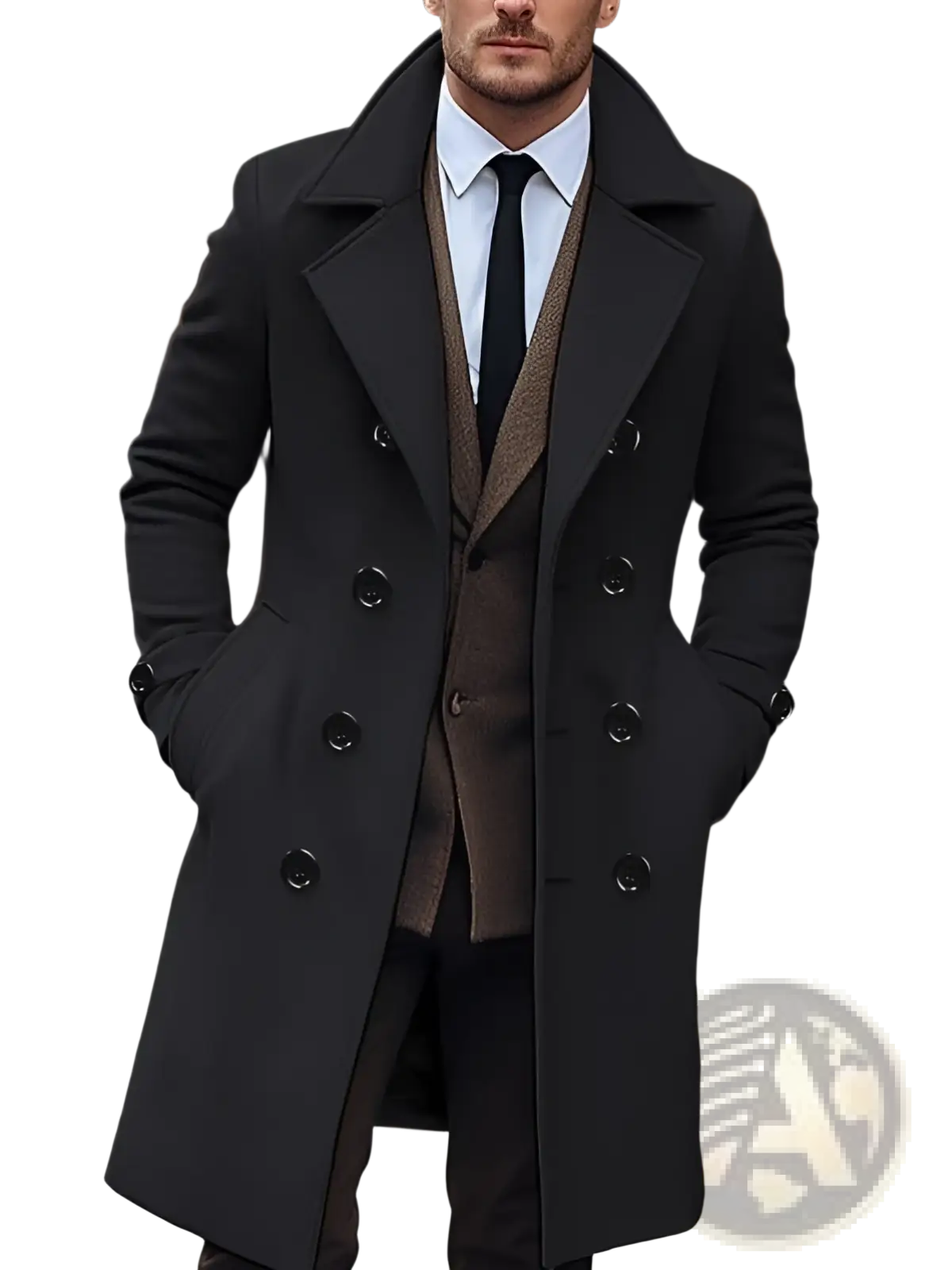 Black double-breasted woolen overcoat with notched lapels and dark buttons for men winter outerwear