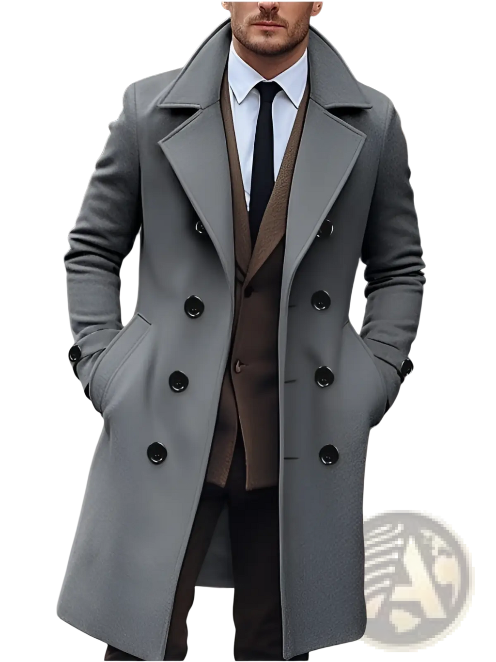 Men woolen overcoat double breasted winter coat in gray with black buttons made of wool fabric
