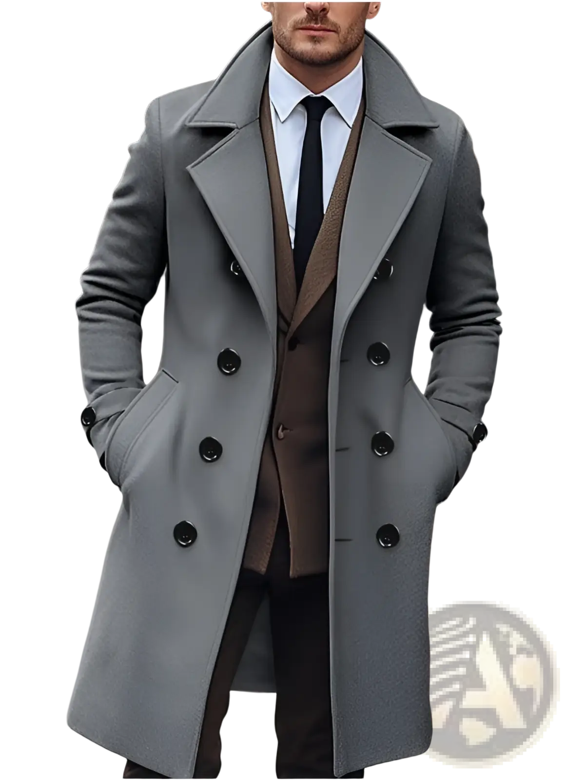 Men woolen overcoat double breasted winter coat in gray with black buttons made of woolen material