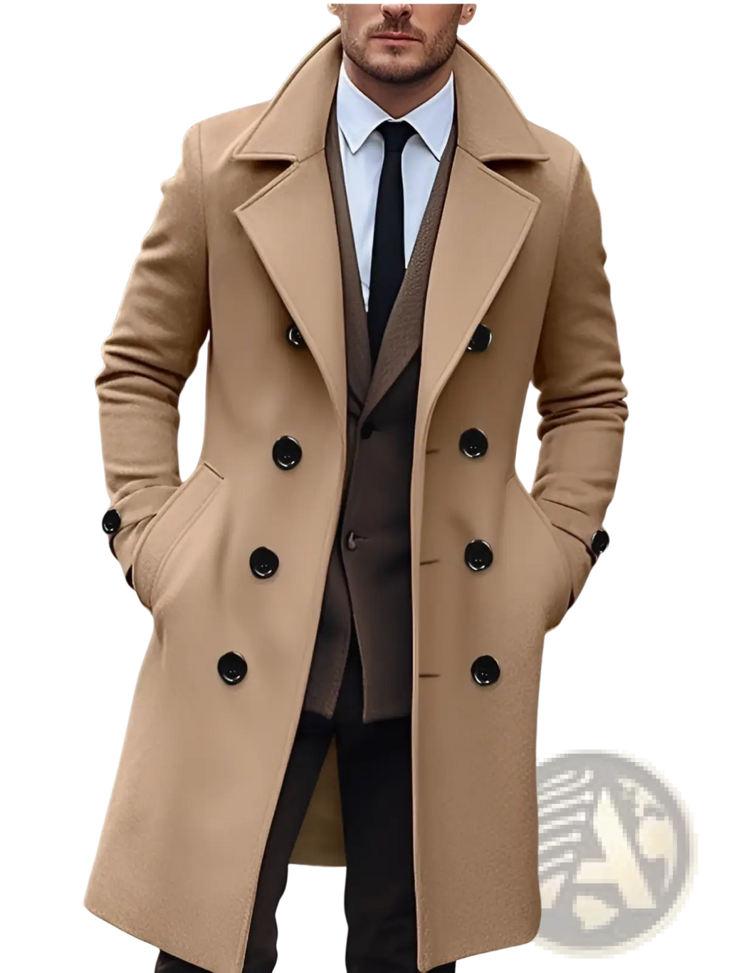 Men woolen overcoat double breasted winter coat in tan with black buttons showing front view