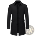 Black woolen men overcoat with notched collar quilted lining and front button closure for cold weather use