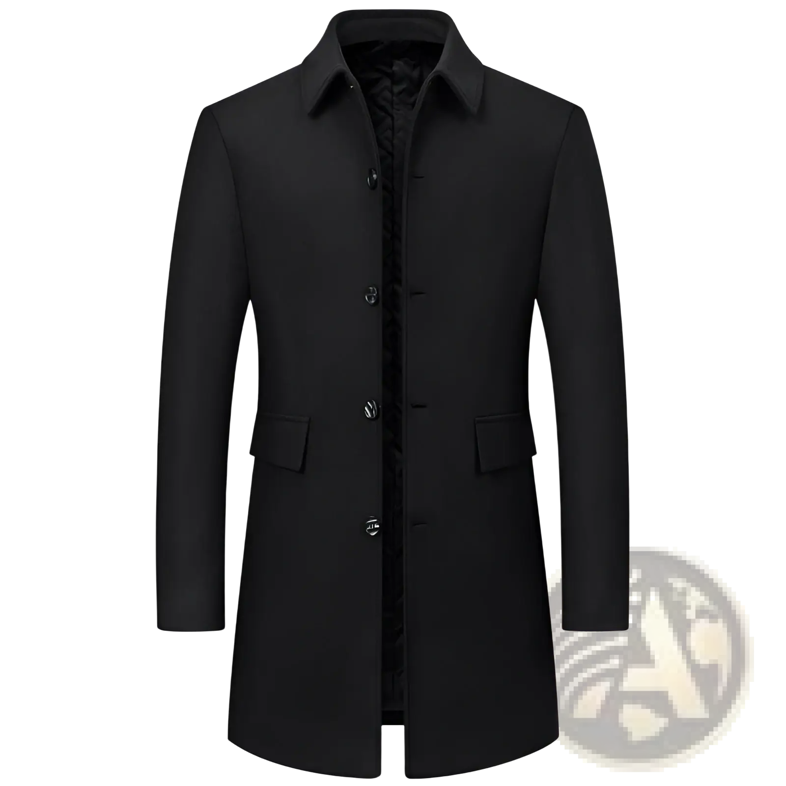 Black woolen men overcoat with notched collar quilted lining and front button closure for cold weather use