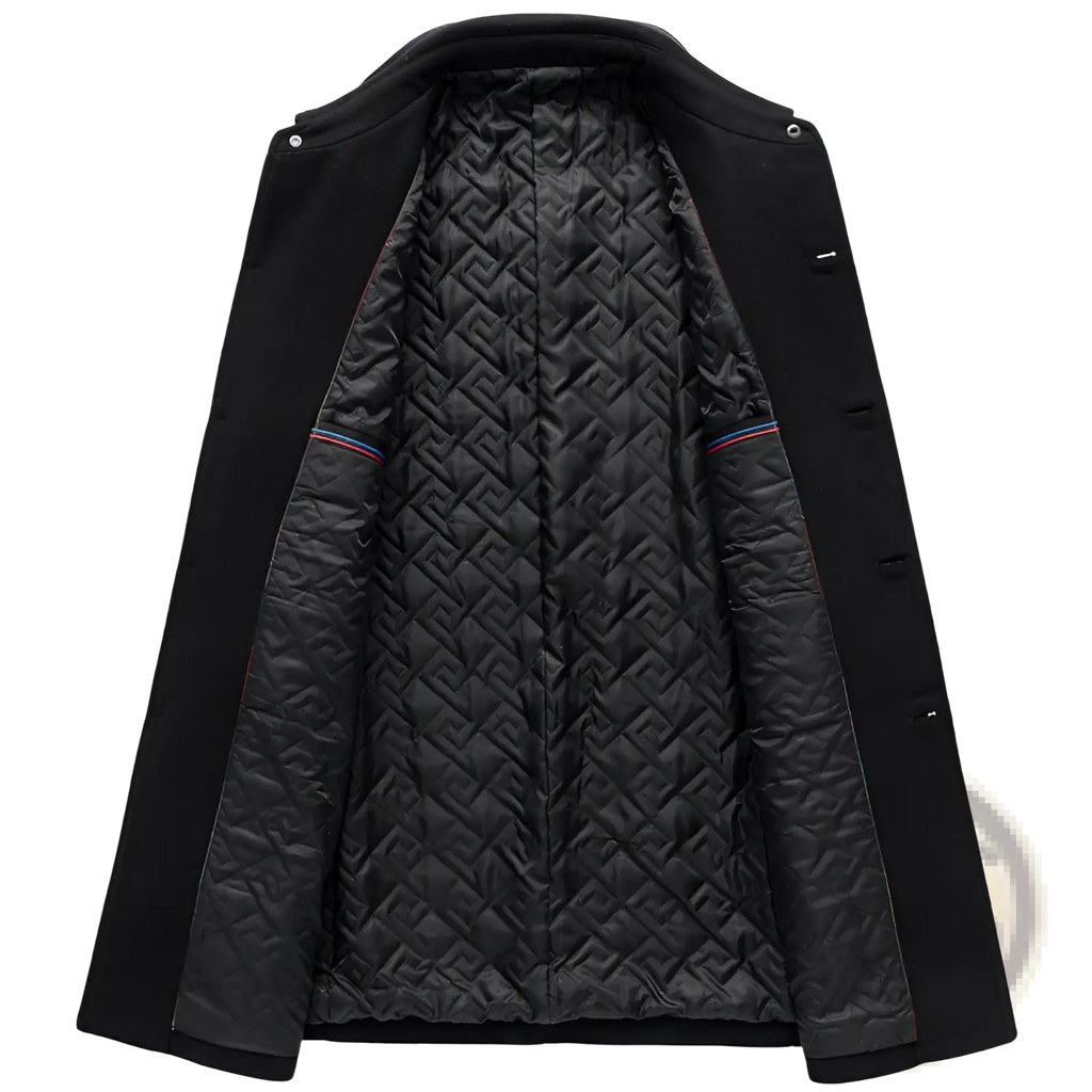 Men woolen overcoat in black with quilted geometric lining and subtle striped trim along the seams