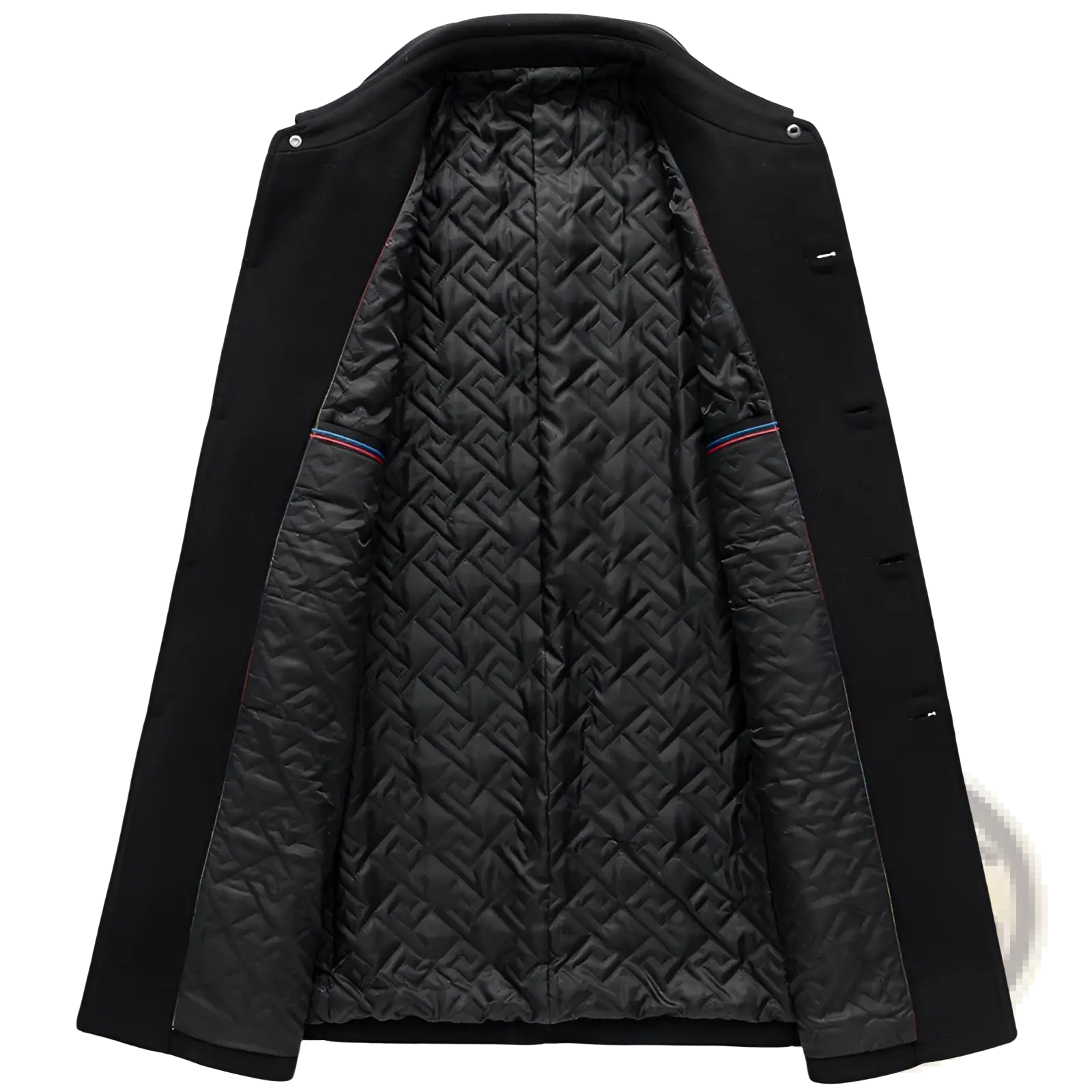 Men woolen overcoat in black with quilted geometric lining and subtle striped trim along the seams