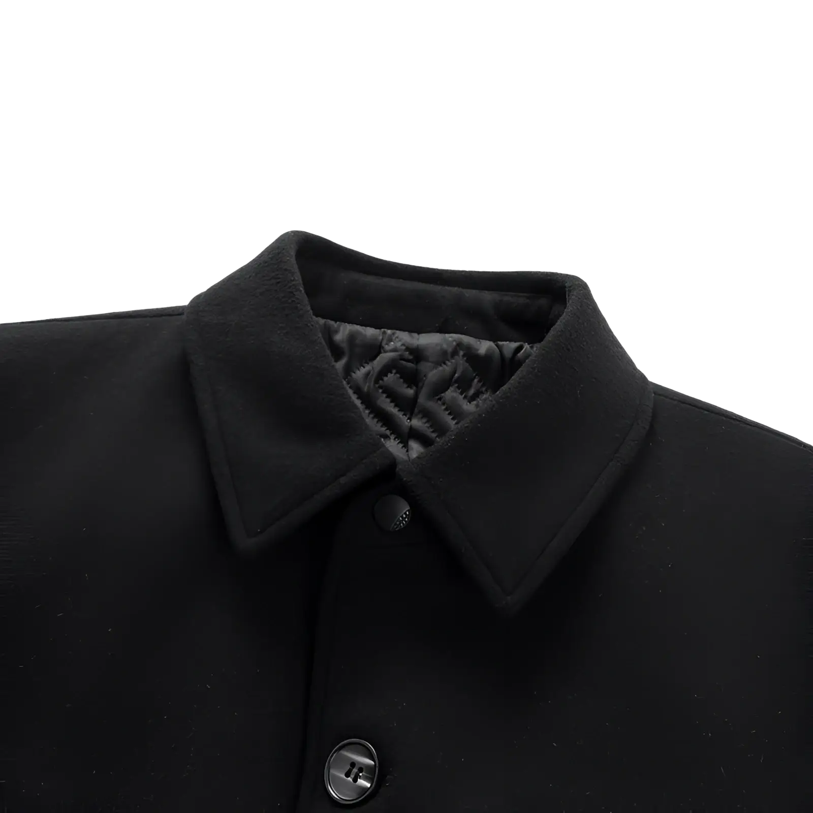 Black woolen overcoat for men with structured collar and subtle quilted lining for added warmth and style