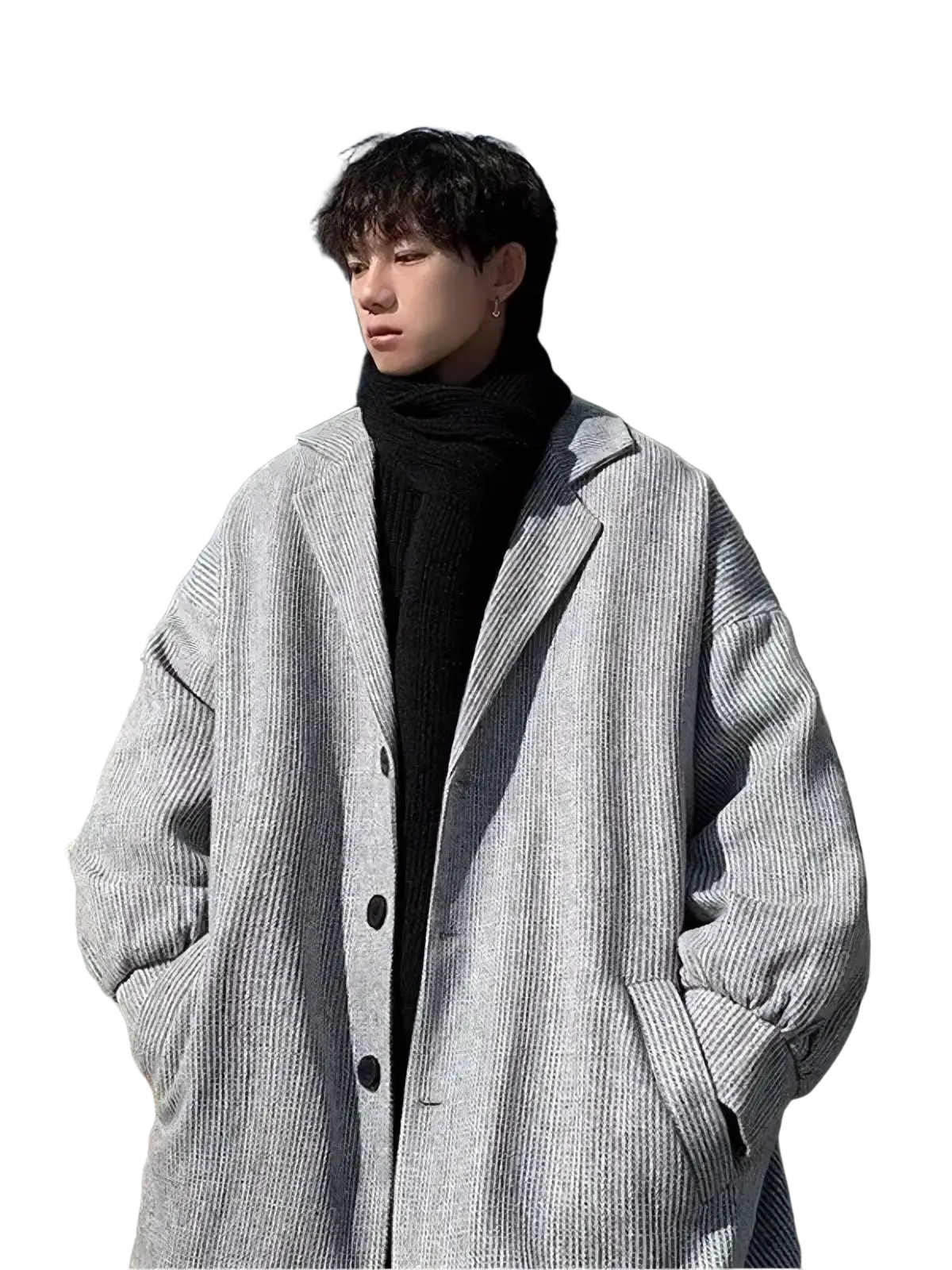 Gray ribbed wool men overcoat with black buttons and high collar designed for relaxed fit outerwear use