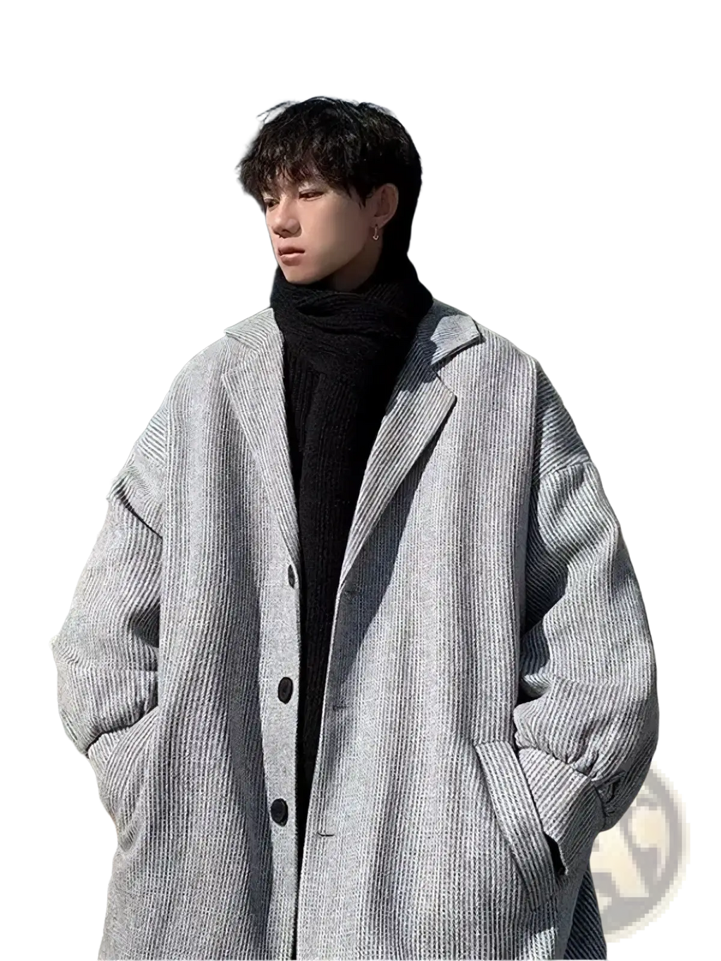Gray ribbed wool men overcoat with black buttons and high collar designed for relaxed fit outerwear use