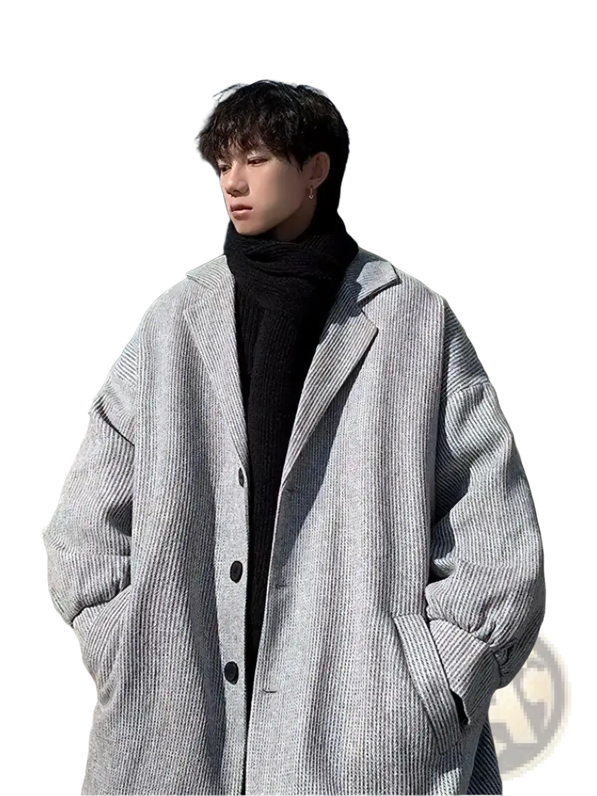Gray ribbed wool men overcoat with black buttons and high collar designed for relaxed fit outerwear use