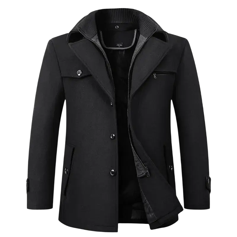 Men woolen overcoat thick winter jacket in black with ribbed collar and front button closure for cold weather