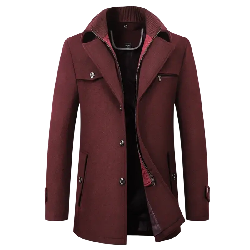 Men woolen overcoat thick winter jacket in maroon with ribbed collar and silver toned buttons made of woolen material