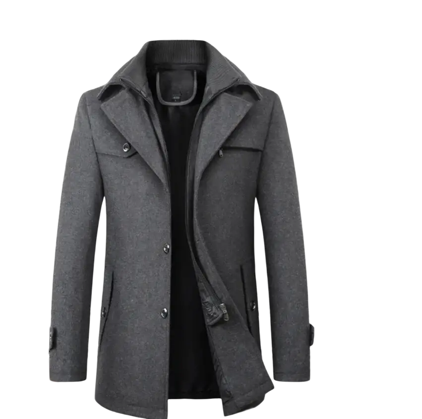 A sleek dark gray woolen overcoat with a notched collar and two front pockets for winter wear