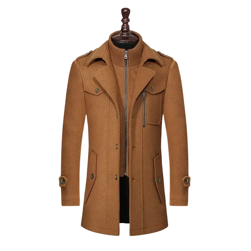 Men woolen overcoat thick winter jacket in tan with high collar, front zipper closure, and buttoned cuffs