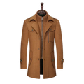 Men woolen overcoat thick winter jacket in tan with high collar, front zipper closure, and buttoned cuffs