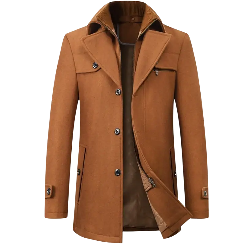 A warm camel-colored woolen men overcoat with classic collar and button closures for thick winter wear