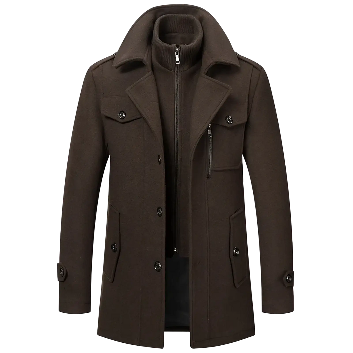 Men woolen overcoat winter jacket in dark brown with high collar front zipper and buttoned flap pockets
