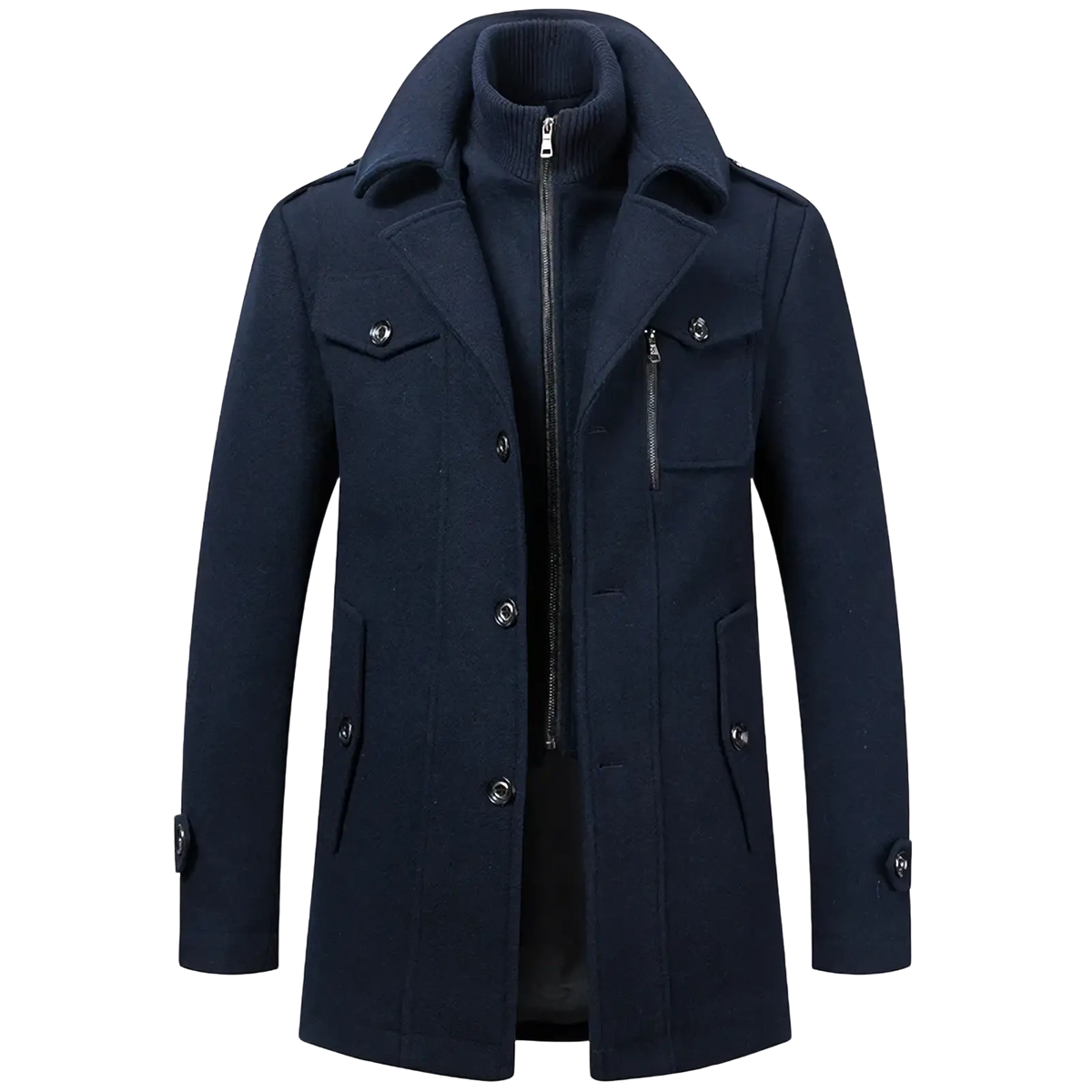 Men woolen overcoat winter jacket in dark navy with high collar zipper closure and buttoned flap pockets