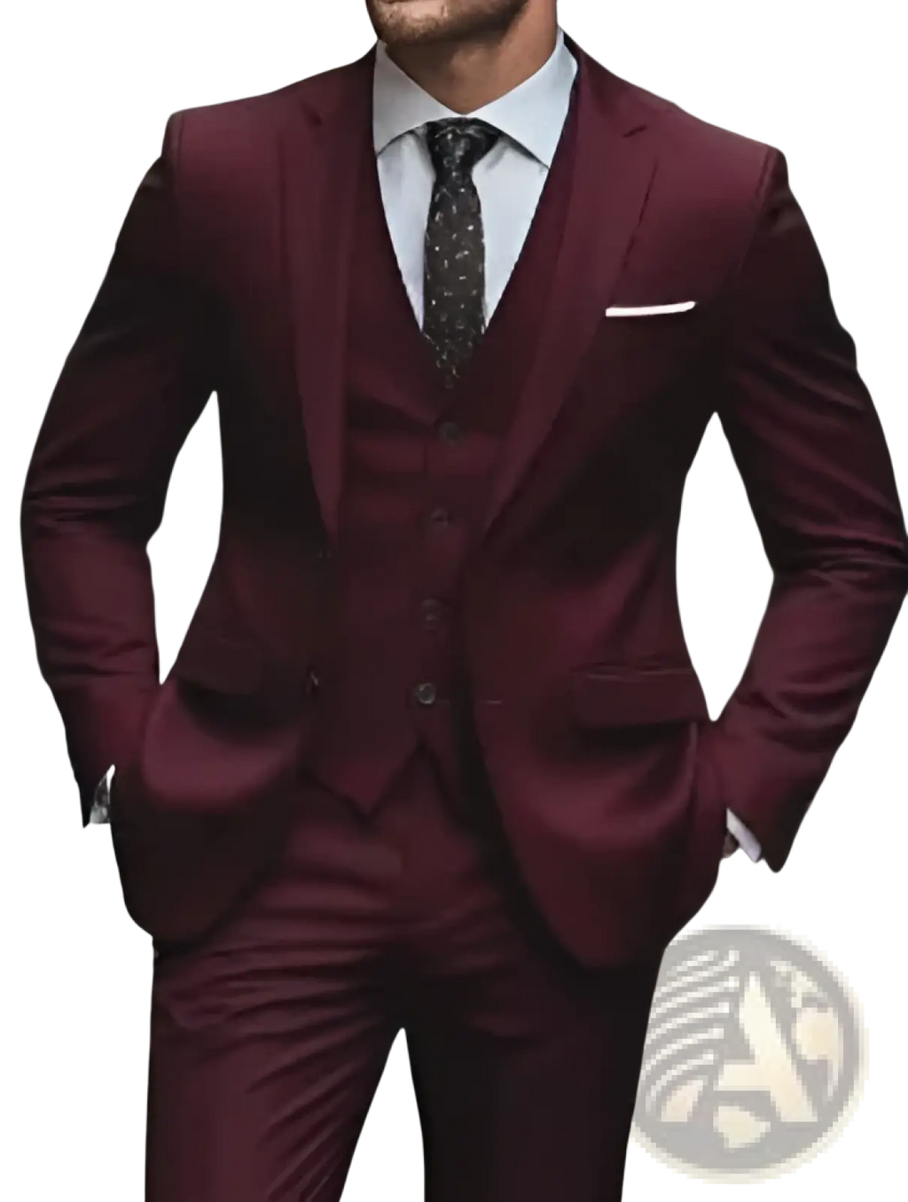 A sharp tailored burgundy woolen men three piece suit slim fit with matching vest for business attire