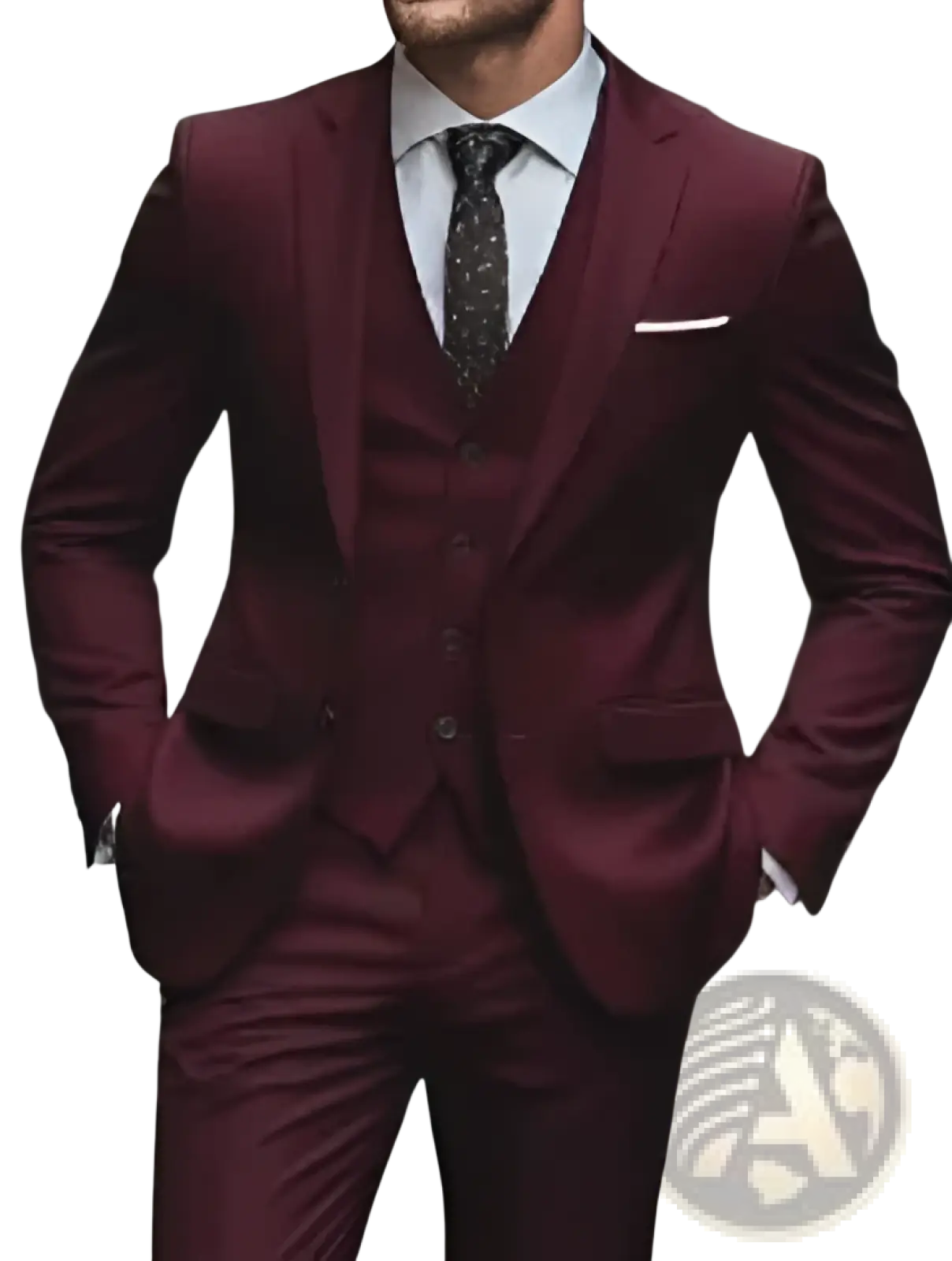 A sharp tailored burgundy woolen men three piece suit slim fit with matching vest for business attire