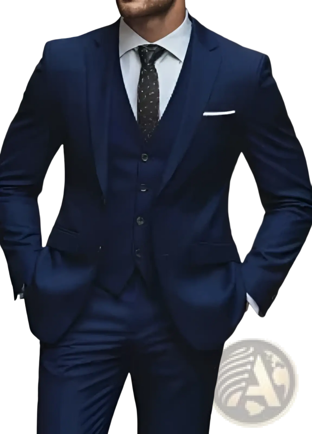 Men woolen navy blue three-piece suit with slim fit tailoring and subtle texture for business attire