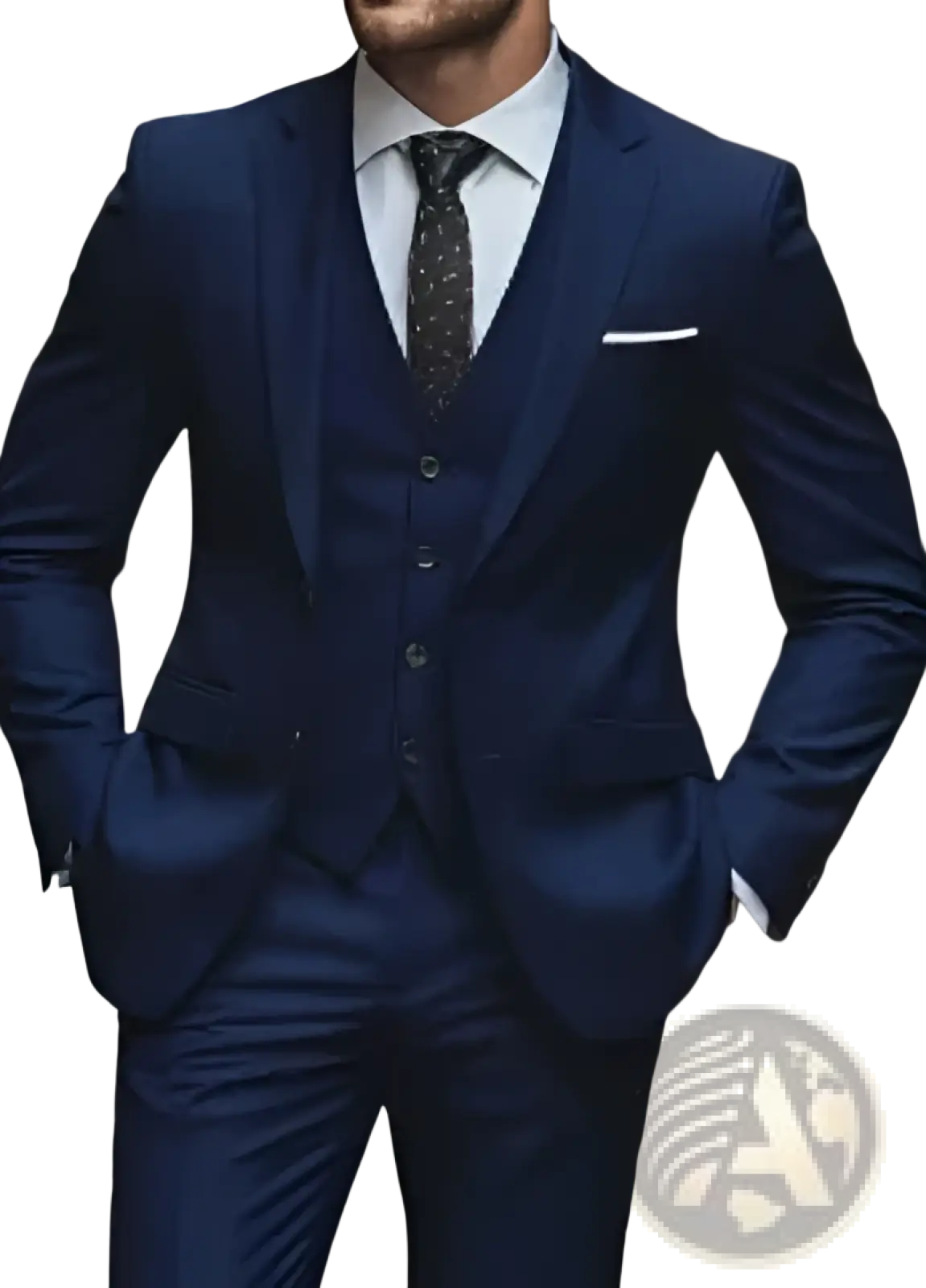 Men woolen navy blue three-piece suit with slim fit tailoring and subtle texture for business attire