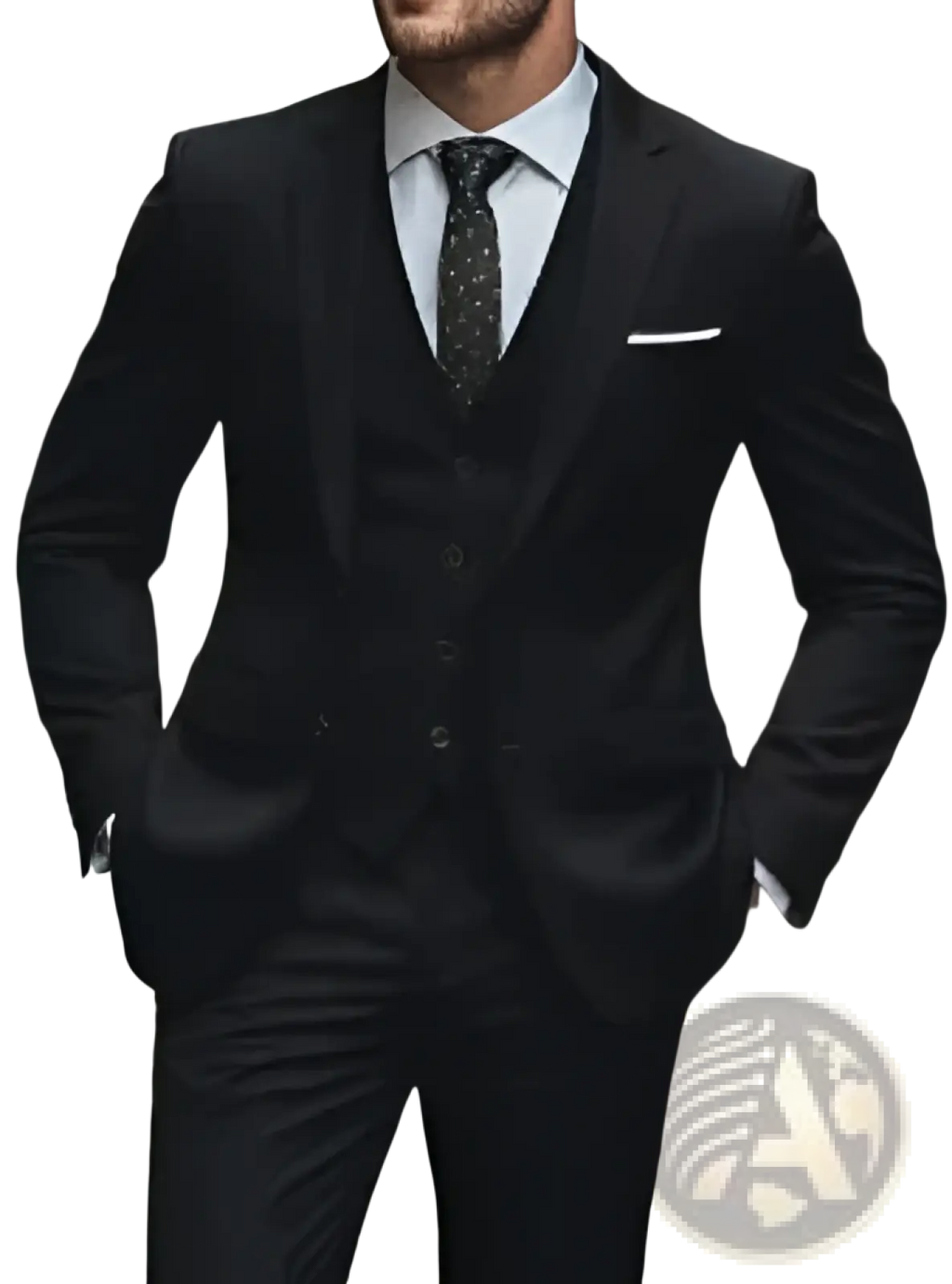 Black men woolen three piece suit slim fit business attire with tailored fit textured fabric and subtle stitching details