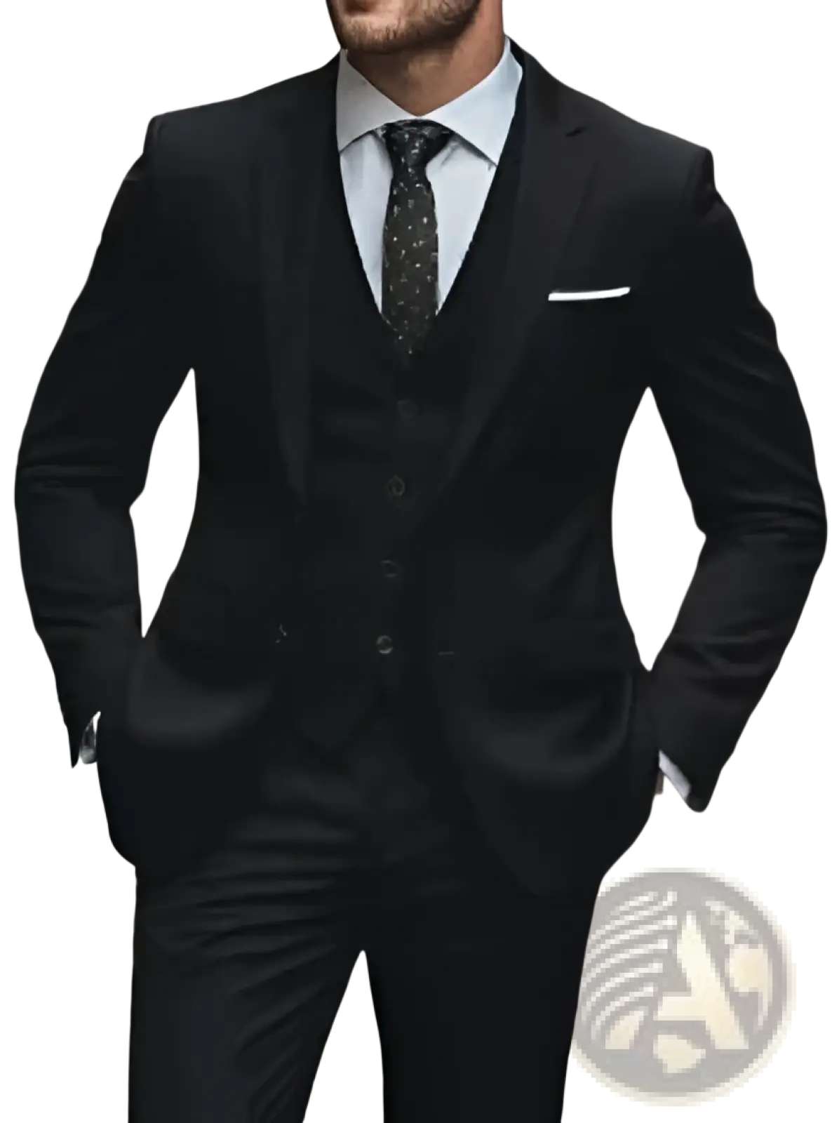 Black men woolen three piece suit slim fit business attire with tailored fit textured fabric and subtle stitching details