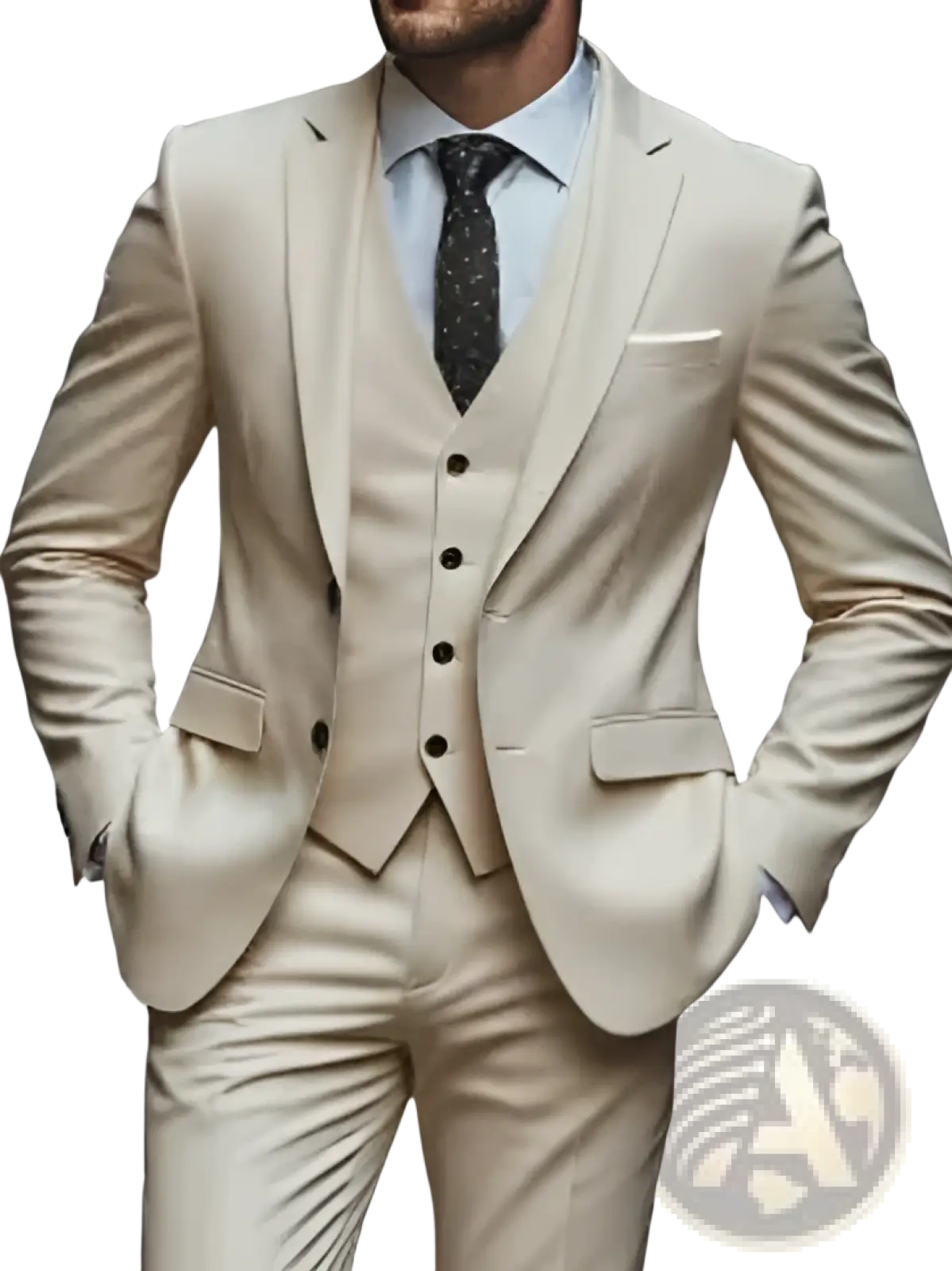Beige woolen three-piece suit with tailored slim fit and matching vest ideal for business attire