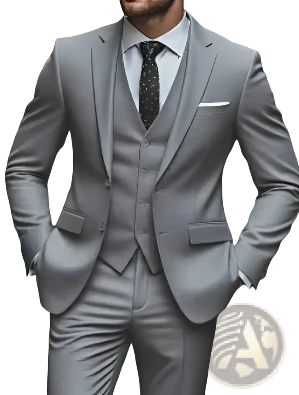 Men woolen gray three piece suit slim fit with subtle texture and matching pocket square for business attire