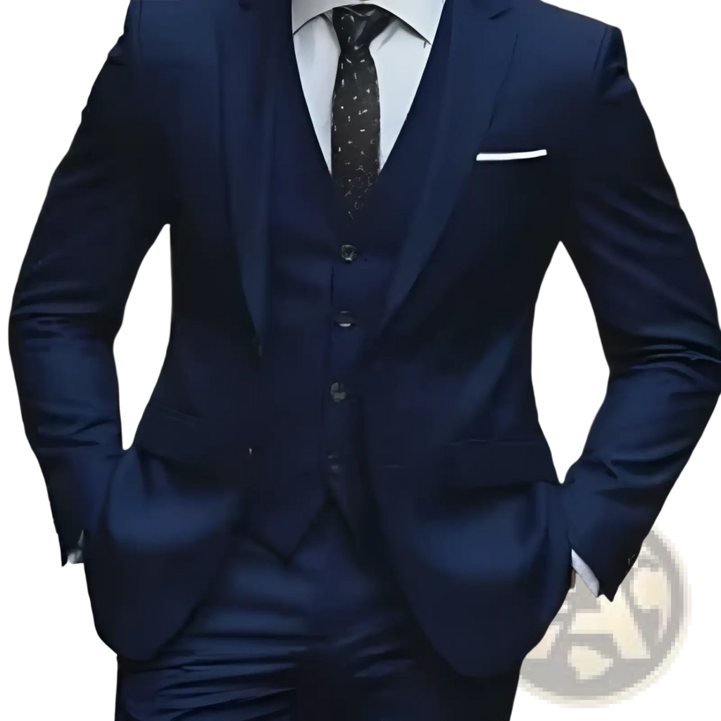 A sharp navy blue woolen men three-piece suit with slim fit tailored vest and trousers for business attire