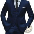 A sharp navy blue woolen men three-piece suit with slim fit tailored vest and trousers for business attire