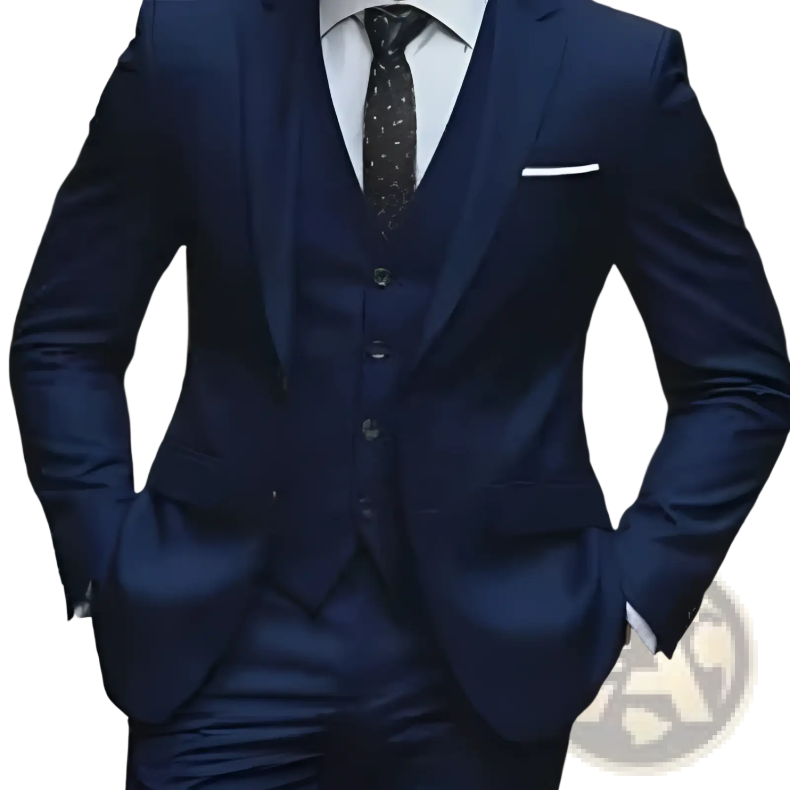 A sharp navy blue woolen men three-piece suit with slim fit tailored vest and trousers for business attire