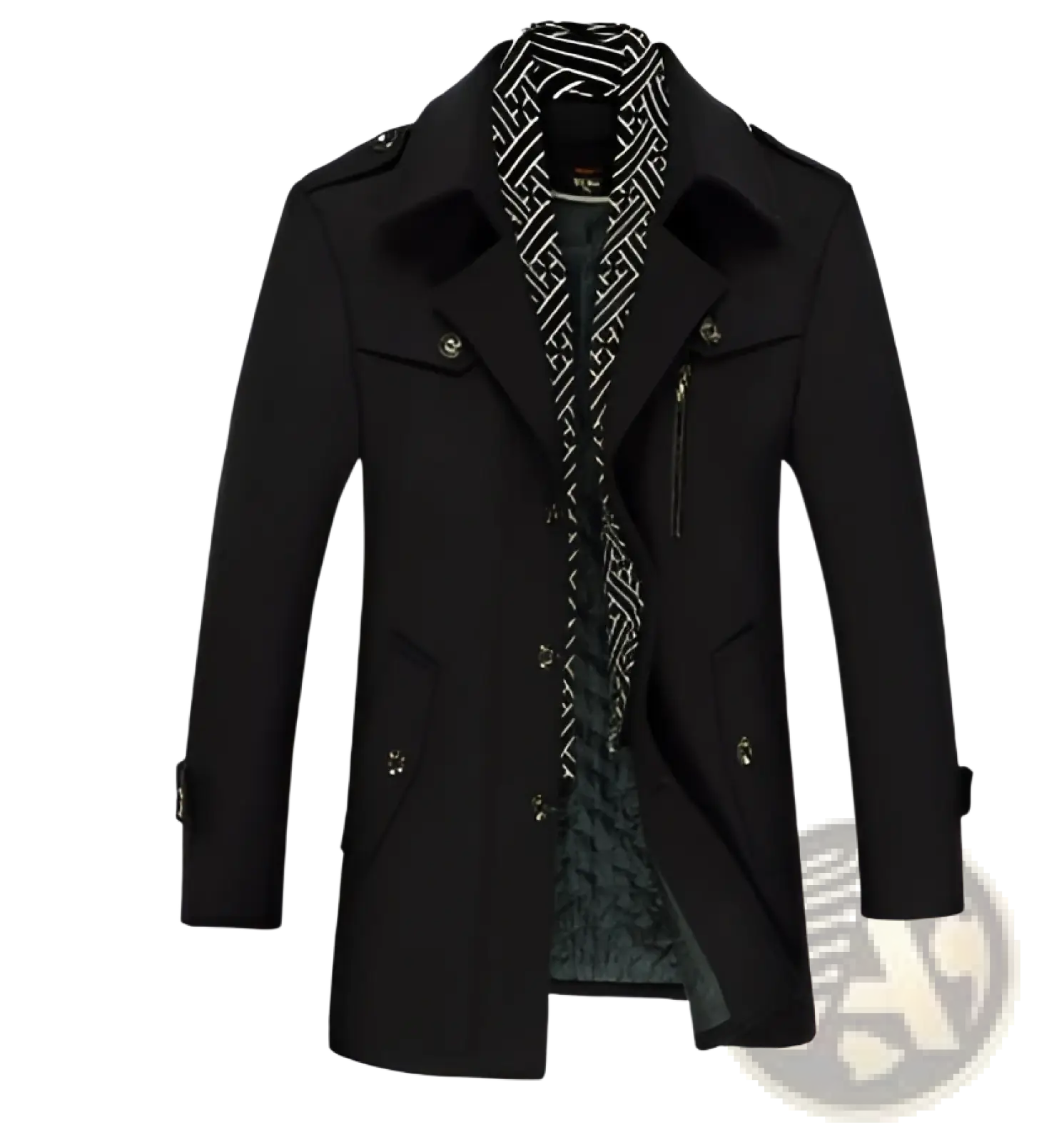 Men woolen trench coat in black with geometric patterned inner lining and silver toned buttons