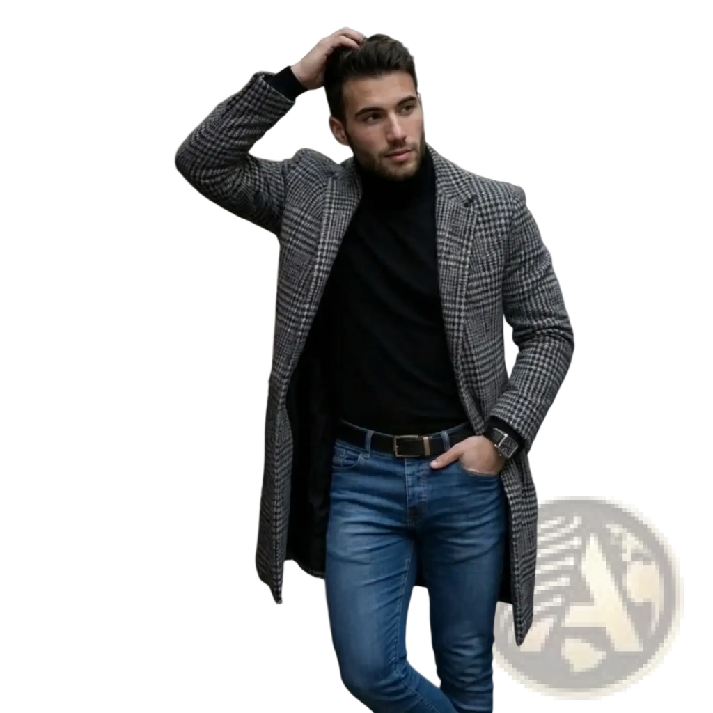 A stylish gray and black houndstooth woolen trench coat worn open over a black turtleneck for winter use