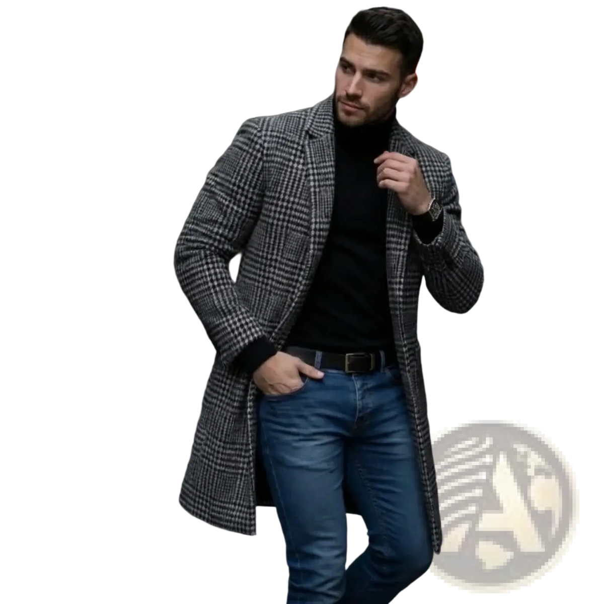 A man wearing a stylish black and gray plaid woolen trench coat perfect for winter urban use