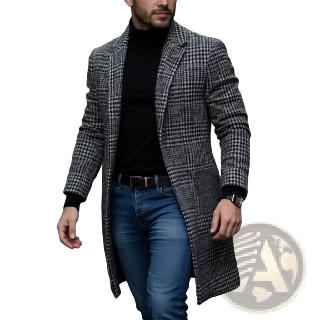 A stylish black and white houndstooth wool overcoat with notched lapel and buttoned cuffs for men winter wear